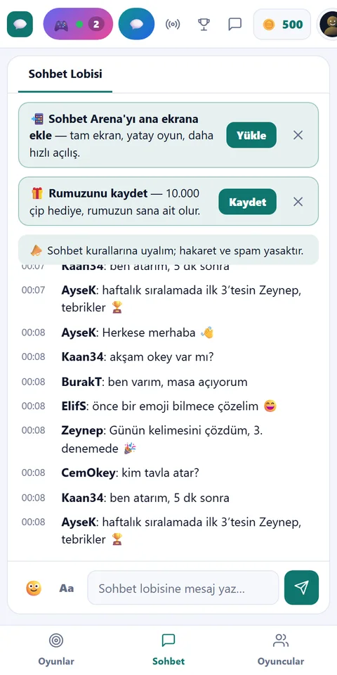 Sohbet Arena telefonda: sohbet lobisi