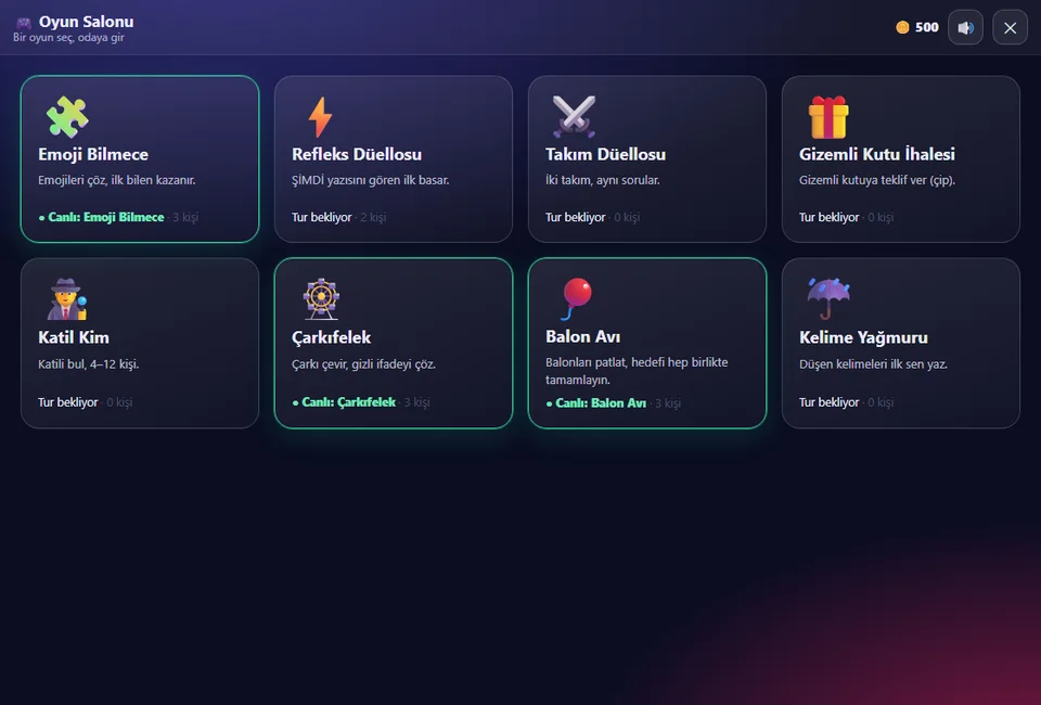 Sohbet Arena Oyun Salonu: sekiz minioyun odası, canlı turlar yeşil çerçeveli